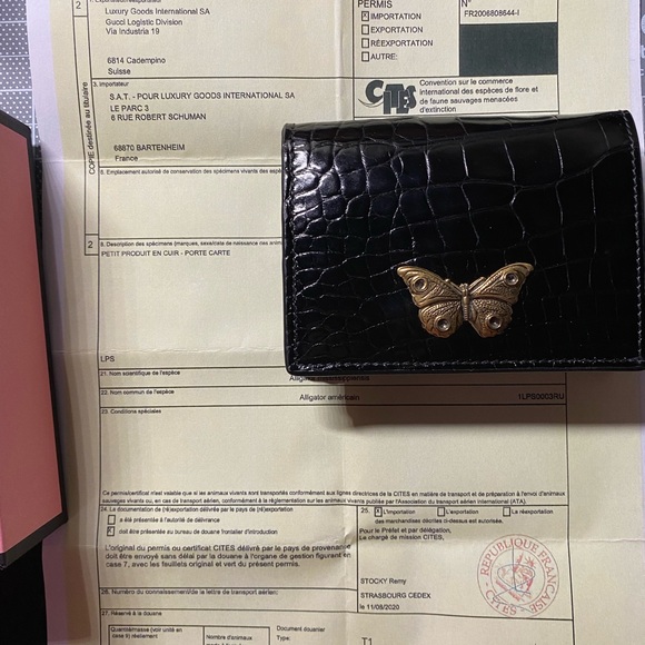 GUCCI GARDEN CROCCO Blk Crocodile Skin MOTH Brass Emblem Trifold Small Wallet,IT - Picture 9 of 10